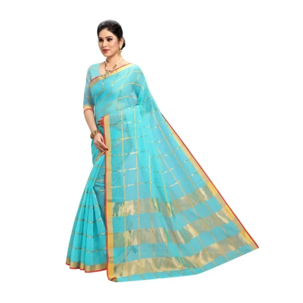 Generic Women's Kota Doria Cotton Saree With Blouse (Sky Blue,6-3 Mtrs) - Image 3