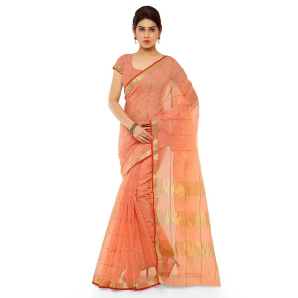 Generic Women's Kota Doria Cotton Saree With Blouse (Peach,6-3 Mtrs)