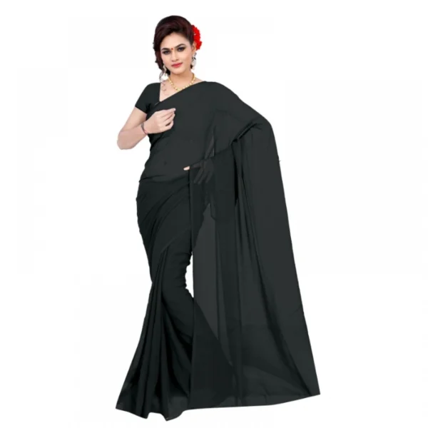 Generic Women's Georgette Plain Saree With Blouse (Black, 5-6 Mtrs) - Image 2