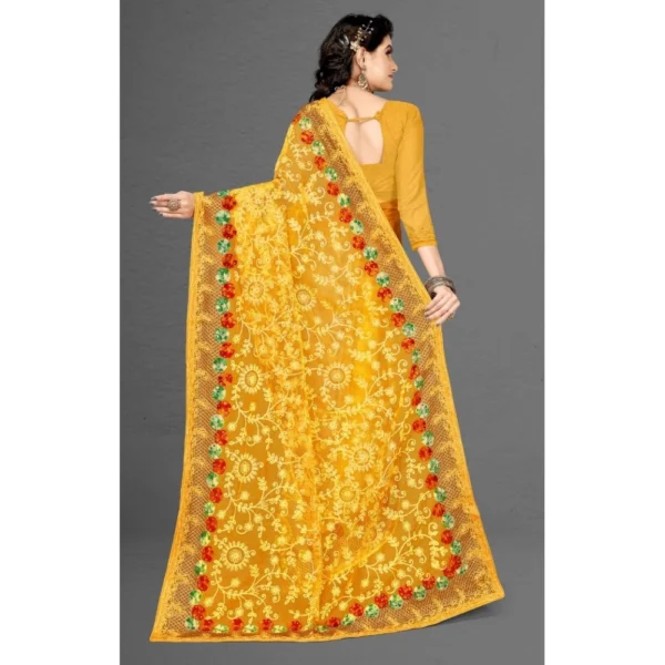 Generic Women's Net Saree With Blouse (Yellow, 5-6Mtrs) - Image 2