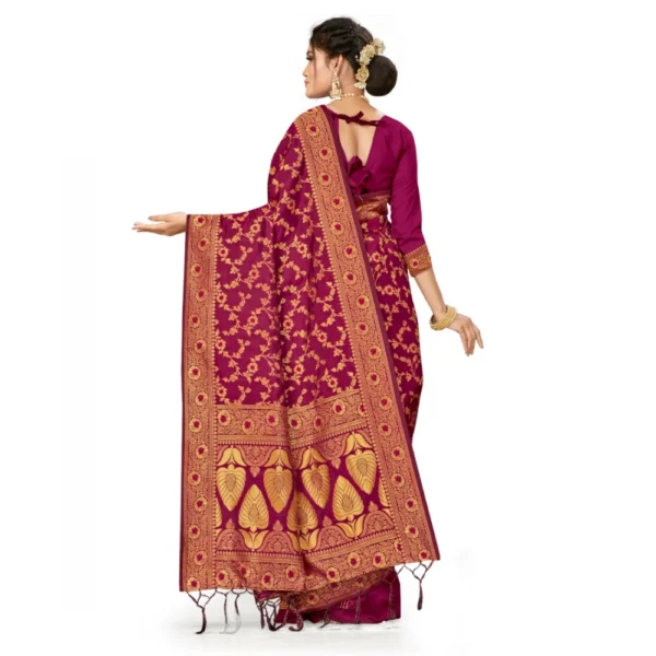 Generic Women's Banarasi Silk Saree With Blouse (Wine, 5-6Mtrs) - Image 2