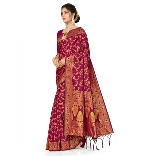 Generic Women's Banarasi Silk Saree With Blouse (Wine, 5-6Mtrs) - Image 3