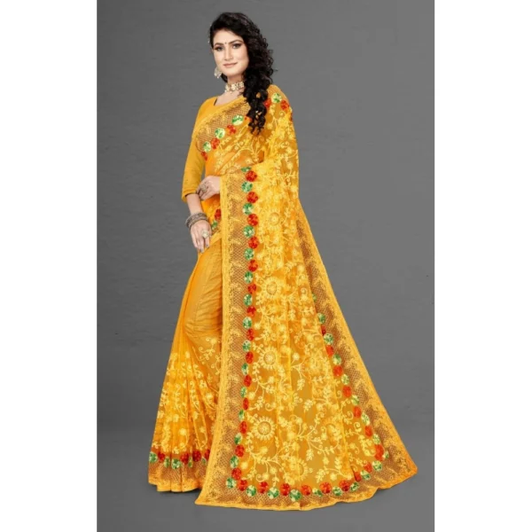 Generic Women's Net Saree With Blouse (Yellow, 5-6Mtrs) - Image 4