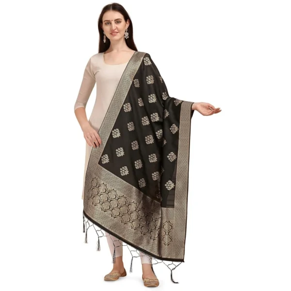 Generic Women's Silk Pure Zari weaving Duppatta (Black, Length: 2-2.3 Mtrs)