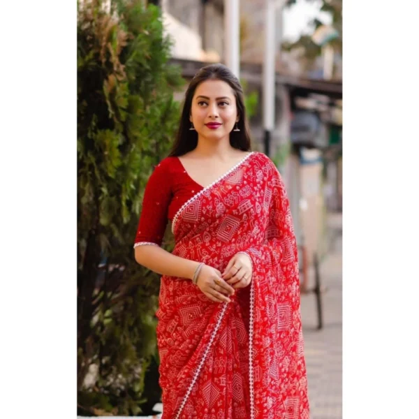 Generic Women's Georgette Printed Saree With Unstitched Blouse (Red) - Image 2