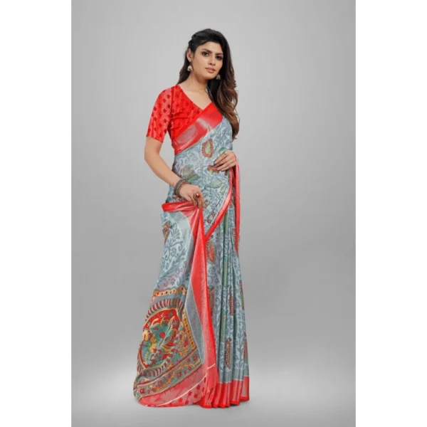 Generic Women's Viscose Rayon Printed Saree With Unstitched Blouse (Grey) - Image 3