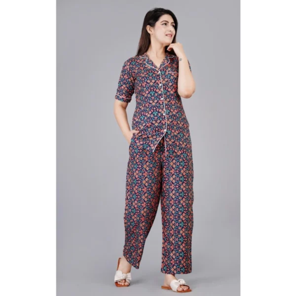 Generic Women's Casual Half Sleeve Printed Viscose Rayon Shirt With Pyjama Pant Night Suit Set (Blue) - Image 3