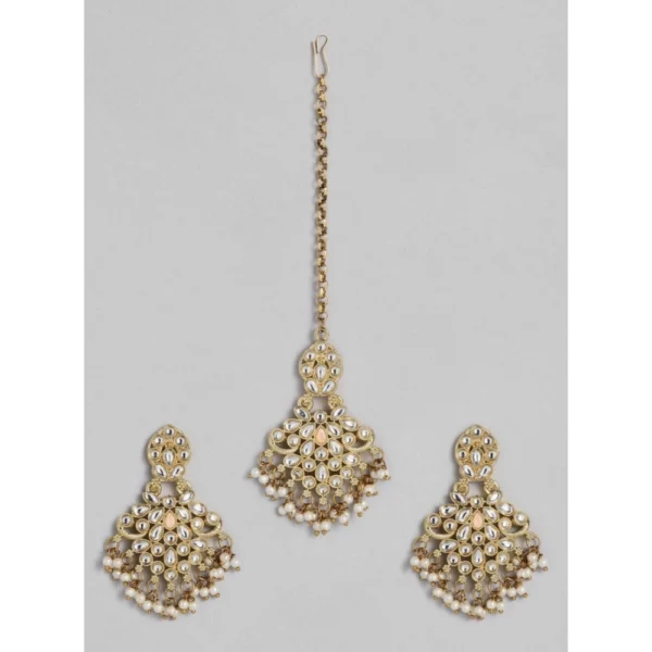 Generic Women's Rose Gold Plated Alloy Kundan Earrings & Mangtikka (White)