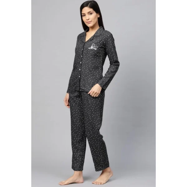 Generic Women's Casual Full Sleeves Polka Dot Printed Rayon Shirt With Pyjama Pant Night Suit Set (Grey) - Image 3