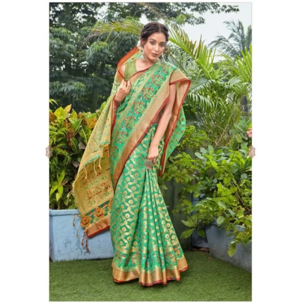 Generic Women's Organza Printed Saree With Unstitched Blouse (Green, 5-6 Mtrs) - Image 2