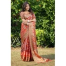 Generic Women's Organza Printed Saree With Unstitched Blouse (Orange, 5-6 Mtrs)