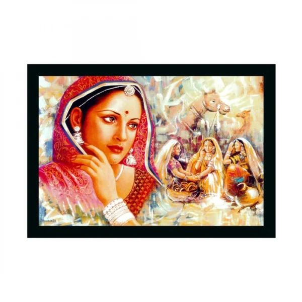 Generic Rajasthani Village Modern Art Painting with Synthetic Photo Frame (Multicolor)