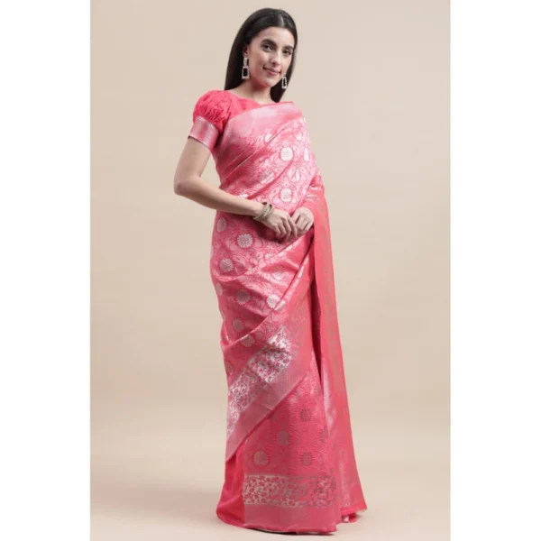 Generic Women's Kanjivaram Silk Designer Silver Weaving Saree With Unstitched Blouse (Pink, 5.50 Mtrs) - Image 2