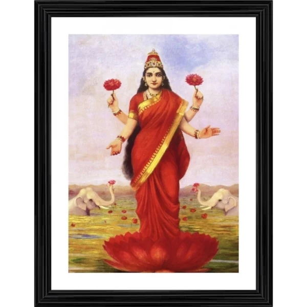 Generic Goddess Lakshmi & Lotus in the Lake 1896 Painting With Wood Photo Frame (Multicolor)