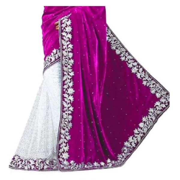 Generic Women's Velvet Embroidered Saree With Unstitched Blouse (Pink, 5.5 Mtr) - Image 3