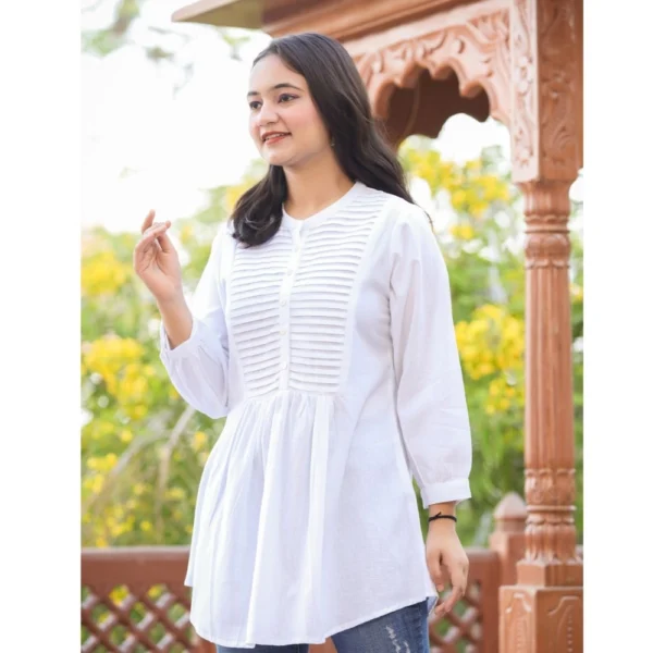 Generic Women's Cotton Solid Full Sleeve Band collar Tunic (White) - Image 3