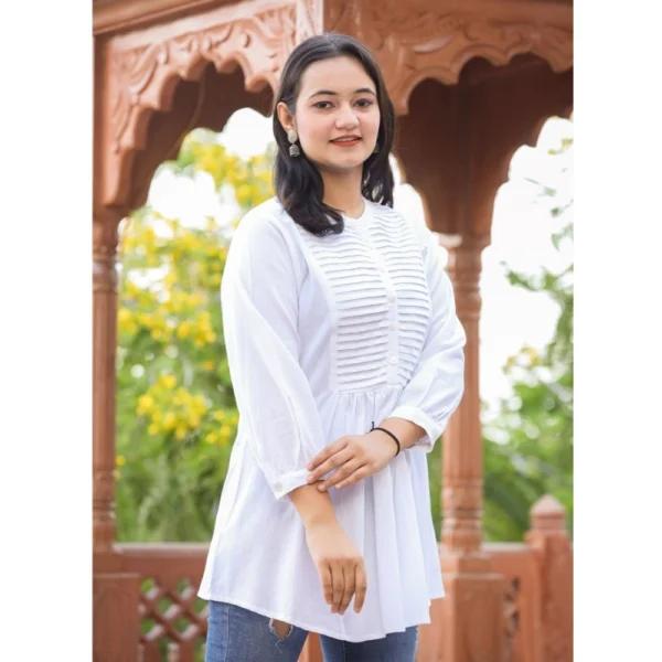 Generic Women's Cotton Solid Full Sleeve Band collar Tunic (White) - Image 4