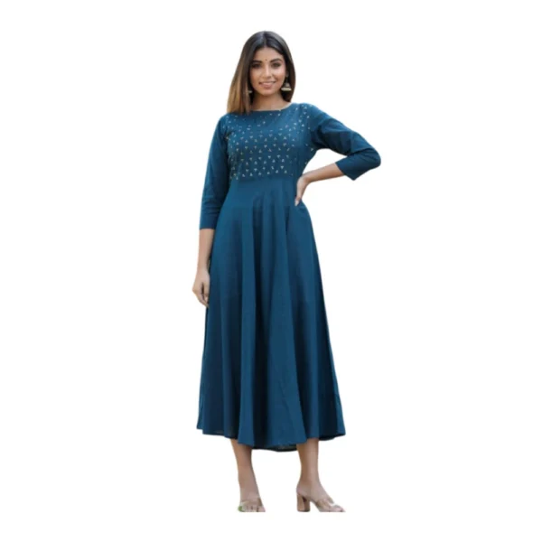 Generic Women's Cotton Solid 3/4 Sleeve Round Neck Kurti (Blue)