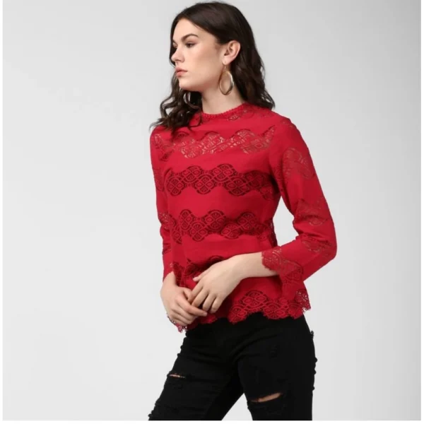 Generic Women's Cotton Self Design Long Sleeves Top (Maroon) - Image 3