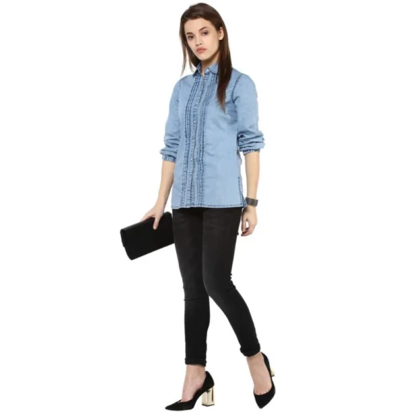 Generic Women's Denim Solid 3-4th Sleeves Standard Length Shirt (Blue) - Image 6