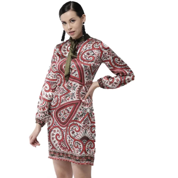 Generic Women's Polyester Printed Long Sleeves Above Knee Dress (Red)