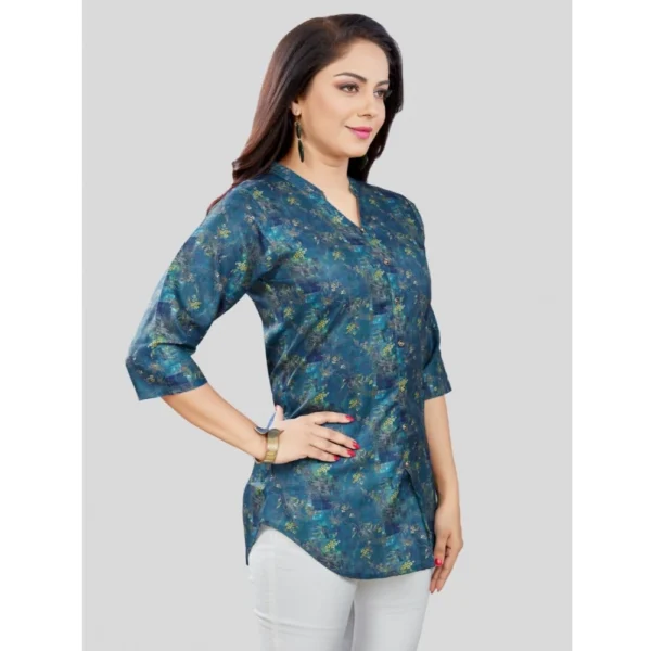 Generic Women's Cotton Blend Mandarin Collar 3/4 Sleeves Short Top (Blue) - Image 5