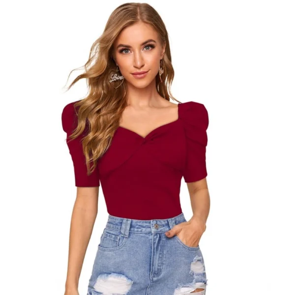 Generic Women's Polyester Solid Puff Short Sleeves Sweetheart Neck Top (Maroon)