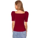 Generic Women's Polyester Solid Puff Short Sleeves Sweetheart Neck Top (Maroon)