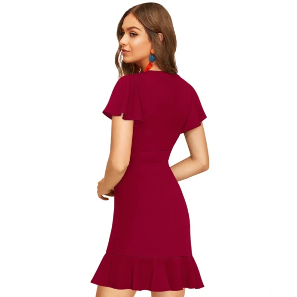 Generic Women's Knitting stretchable Solid V Neck Flaired Sleeve Dress (Maroon ) - Image 5