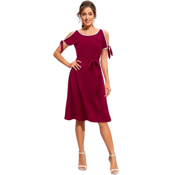 Generic Women's Knitting stretchable Solid Round Neck Sleeveless Dress (Maroon)