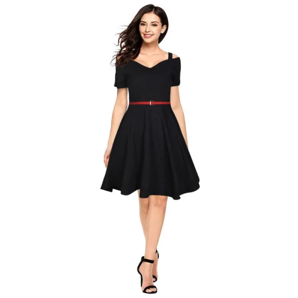 Generic Women's Polyester Solid V Neck Cap Sleeve Dress (Black)