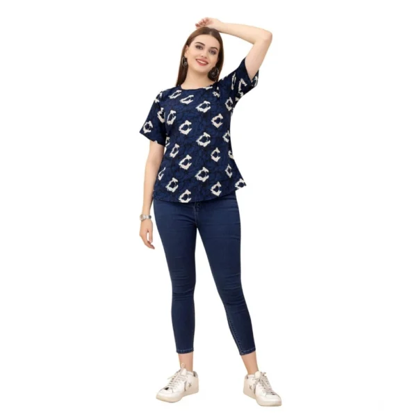 Generic Women's Casual Rayon Short Sleeve Printed Round Neck Top (Blue)