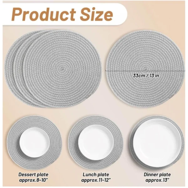 Generic Cotton Dining Table Round Placemat Mats Set of 4 (Grey) - Image 3