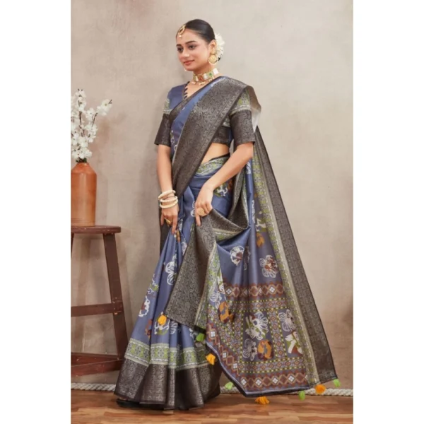 Generic Women's Crepe Silk Printed Saree With Unstitched Blouse 5.5Mtr (Grey) - Image 3